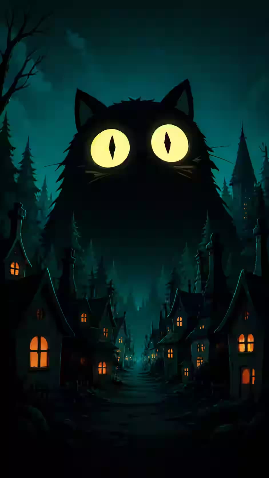 Giant Black Cat Over Haunted Village — dark iPhone wallpaper HD