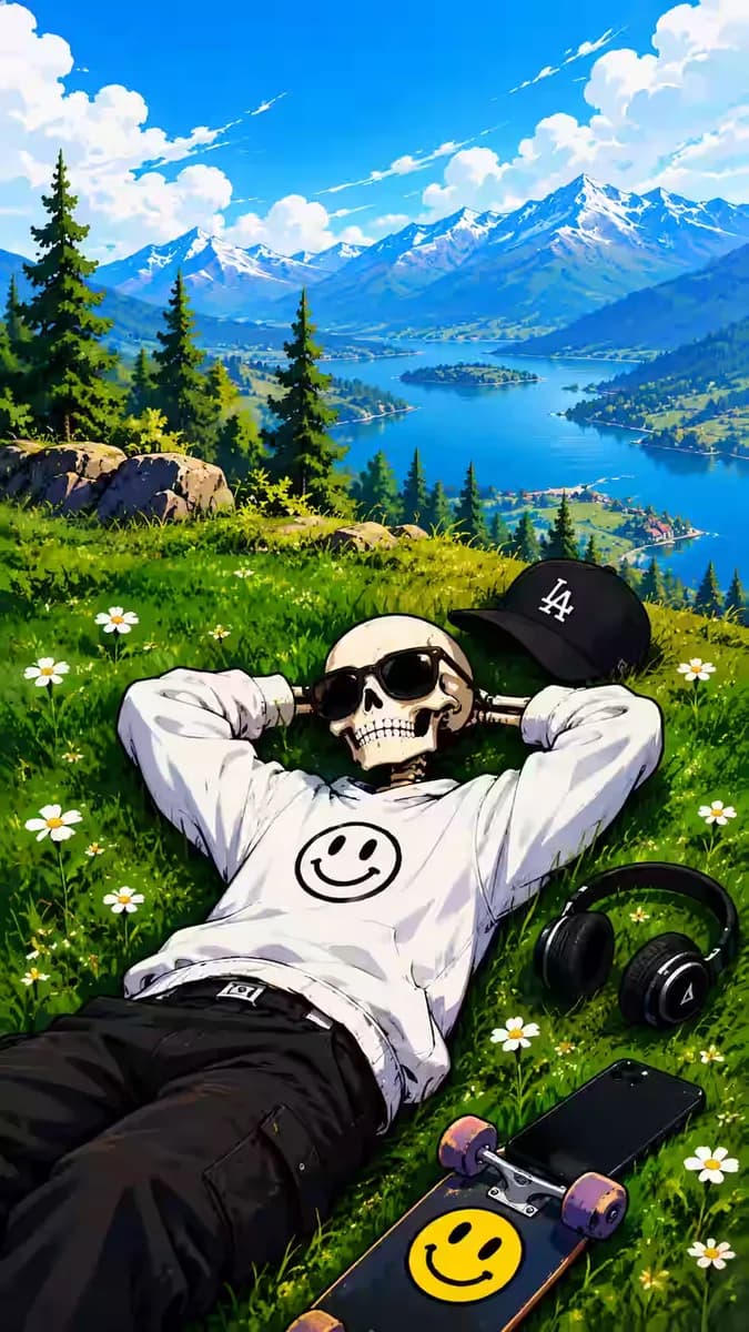 Skeleton chilling on a mountain meadow with a skateboard — dark iPhone wallpaper HD
