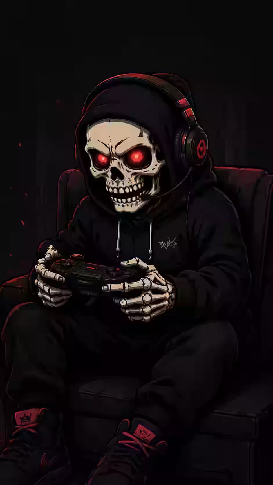 One More Game Before Sunrise - Gamer Skeleton Hoodie Controller View 4K, Dark Aesthetic, AMOLED Background