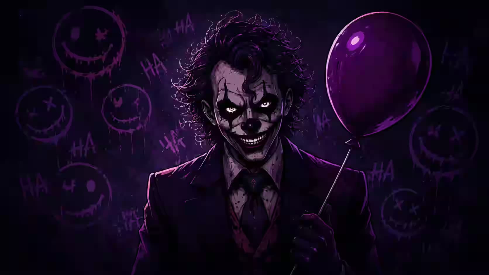 Why So Serious? - Purple Joker Balloon Chaos Wallpaper 4K — dark PC desktop wallpaper