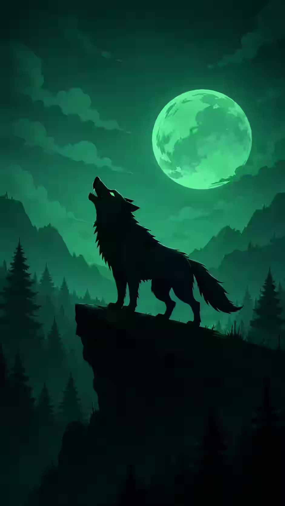 Midnight Wolf Howl at Green Moon — dark Android wallpaper HD