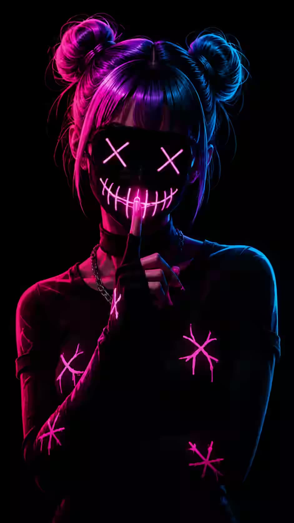 Pink Neon Mask Girl Wallpaper 4K, Cyberpunk Aesthetic, AMOLED Background