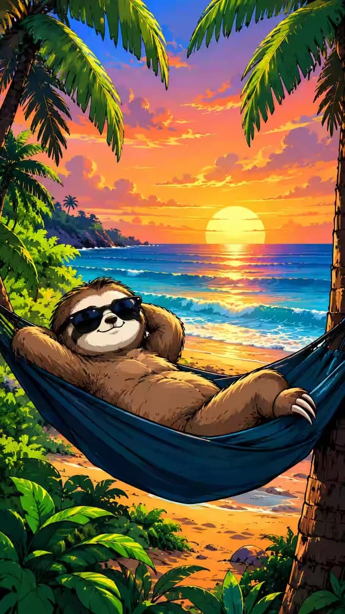Sloth chillin' in a hammock at beach sunset — dark iPhone wallpaper HD