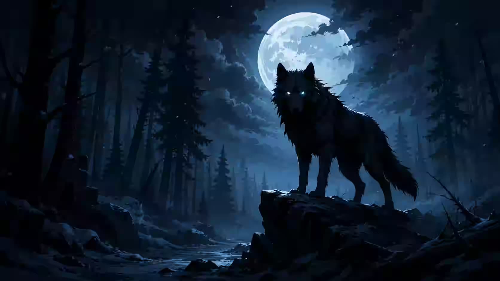 The Guardian Of The Frozen Woods - Blue Wolf Desktop Wallpaper 4K — dark PC desktop wallpaper