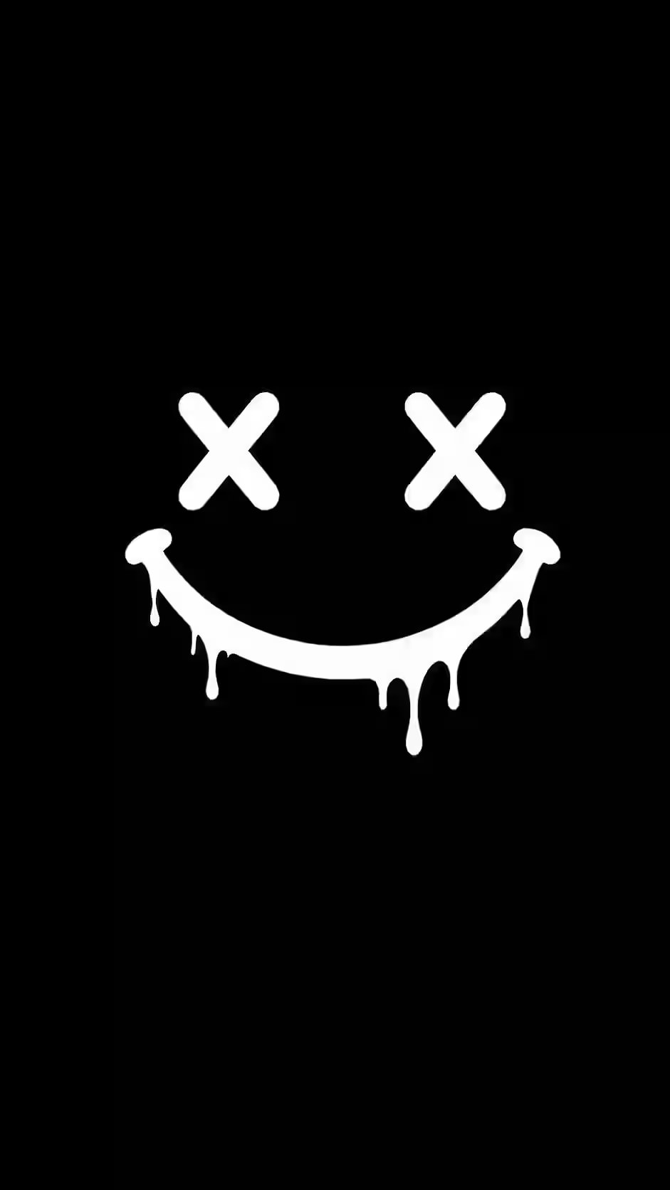Black background with a white dripping smiley face featuring X eyes, gothic aesthetic