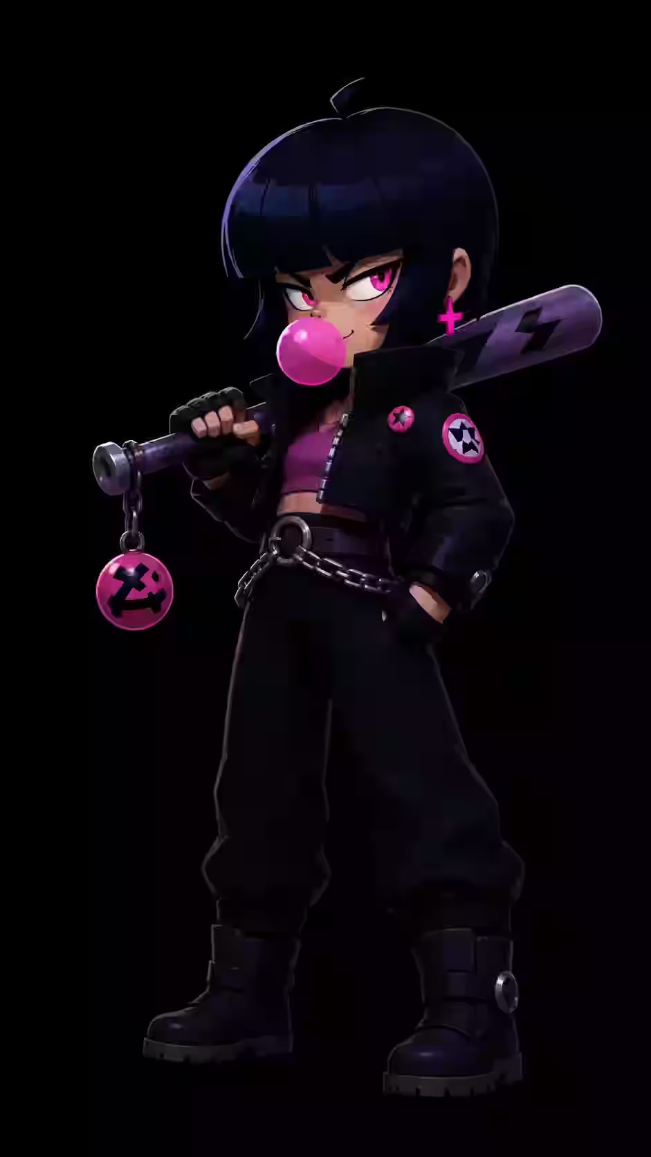 Bibi Brawl Stars wallpaper featuring Bibi holding her baseball bat while blowing a pink bubblegum bubble against a pure black background.