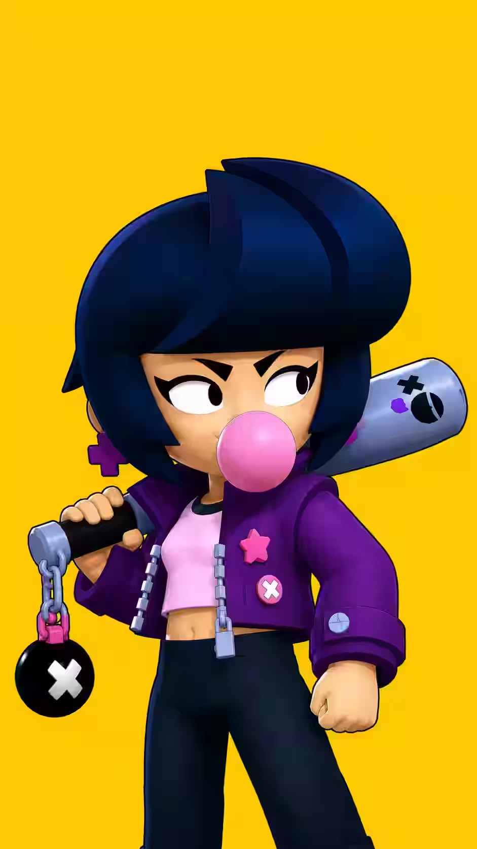 Yellow Bibi wallpaper featuring the Brawl Stars batter blowing pink bubblegum with a baseball bat on a bright yellow background.