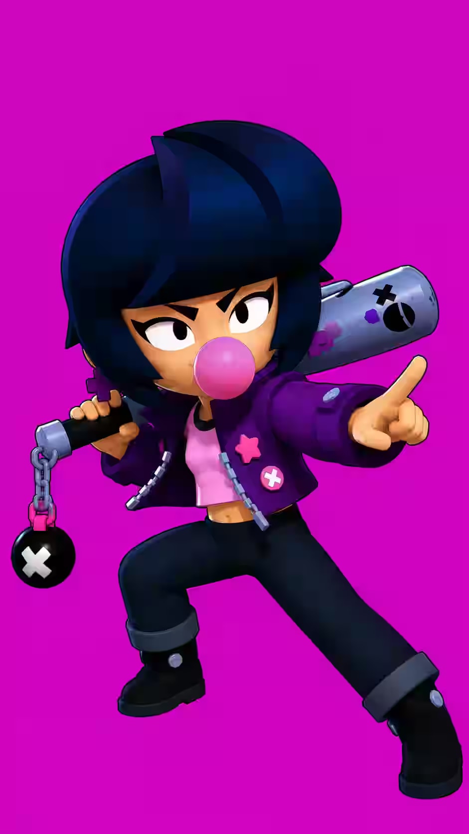 Bibi bat wallpaper featuring the Brawl Stars character pointing forward while blowing pink bubblegum against a bright magenta background.