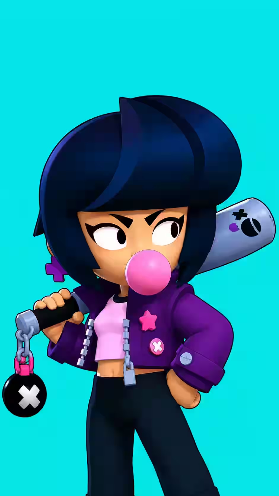 Bubblegum Bibi wallpaper featuring the Brawl Stars batter with a pink bubble, purple jacket, baseball bat, and bright cyan background.