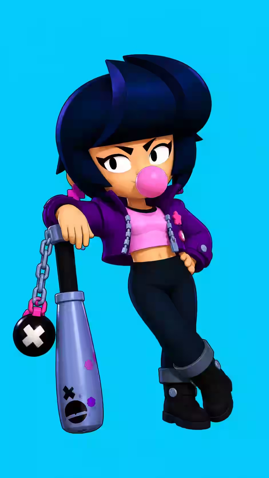 Bibi portrait featuring pink bubblegum, chained baseball bat, purple jacket, black boots, and a bright cyan background.