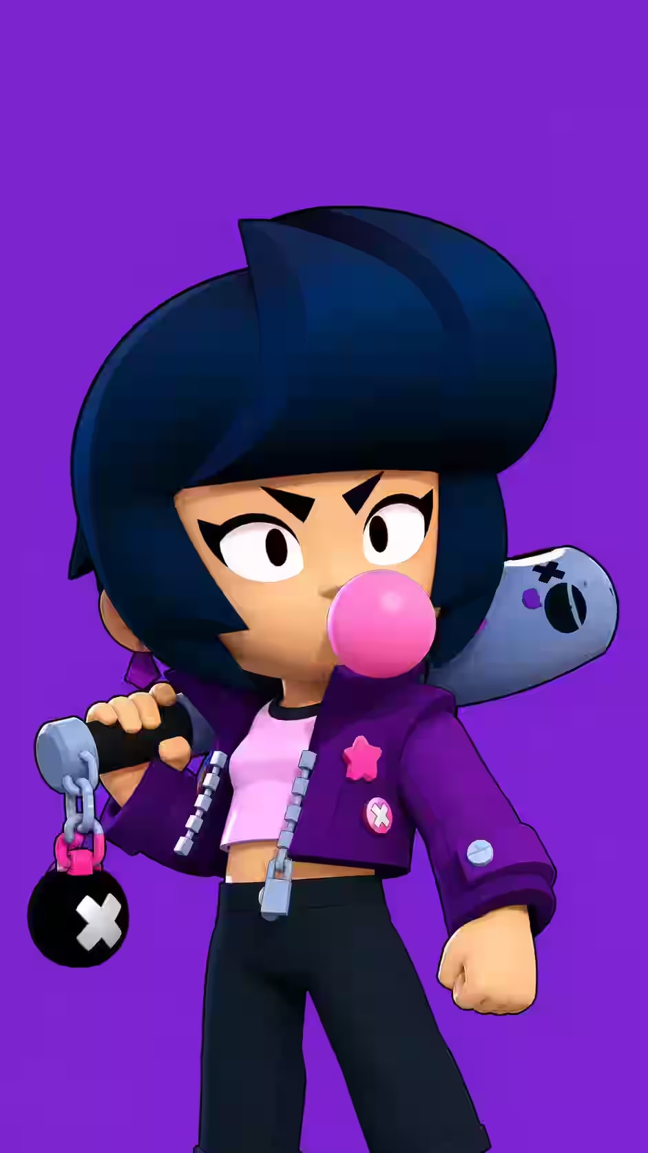 Bibi wallpaper featuring the Brawl Stars batter blowing a pink bubblegum bubble while holding a baseball bat against a purple background.