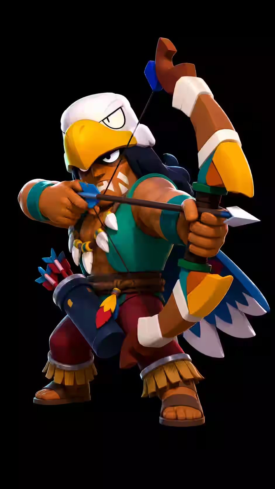 Bo from Brawl Stars aiming an arrow while wearing an eagle headdress with a colorful tribal bow against a black background.