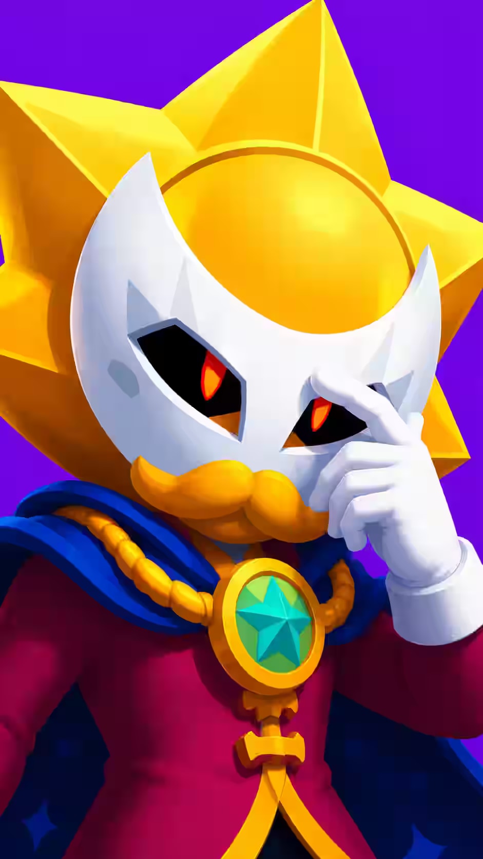 Masked Sirius close-up with glowing red eyes, golden sun helmet, blue cape, and vibrant purple background.