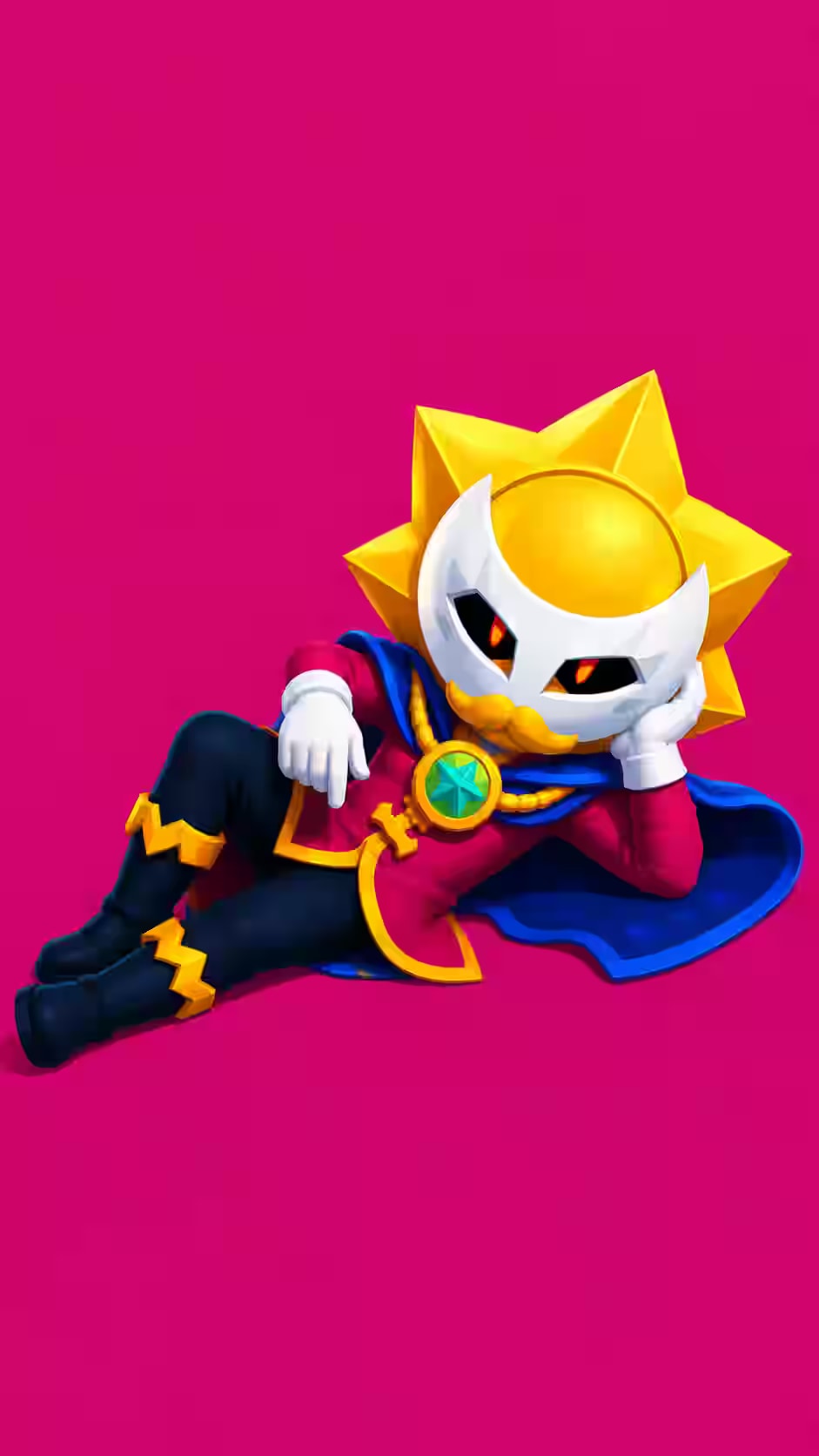 Relaxed Sirius artwork with a golden sun mask, blue cape, glowing red eyes, and a bright pink background.