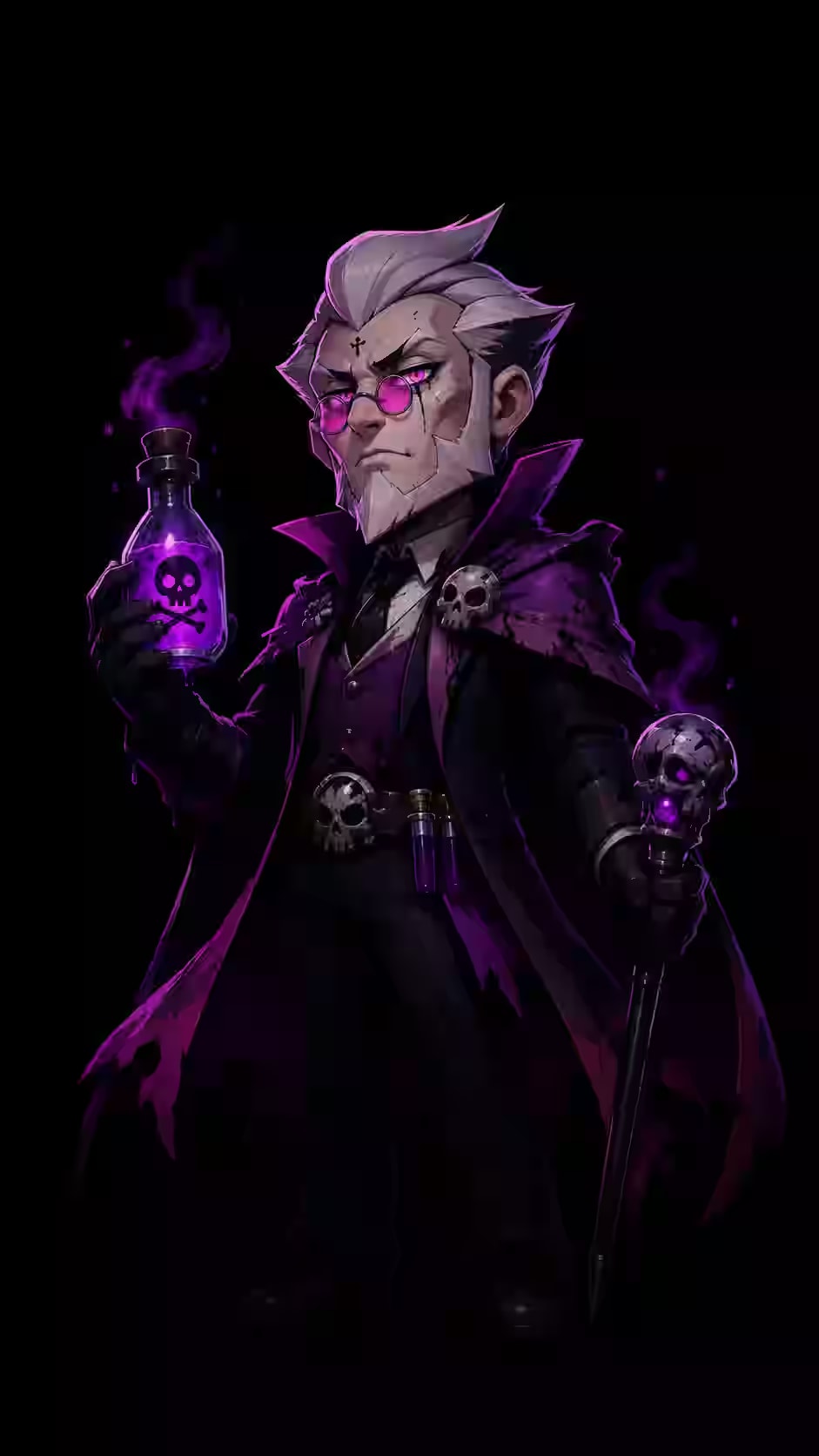 Byron inspired mysterious chemist holding a glowing purple potion and skull cane on a black AMOLED gaming wallpaper.