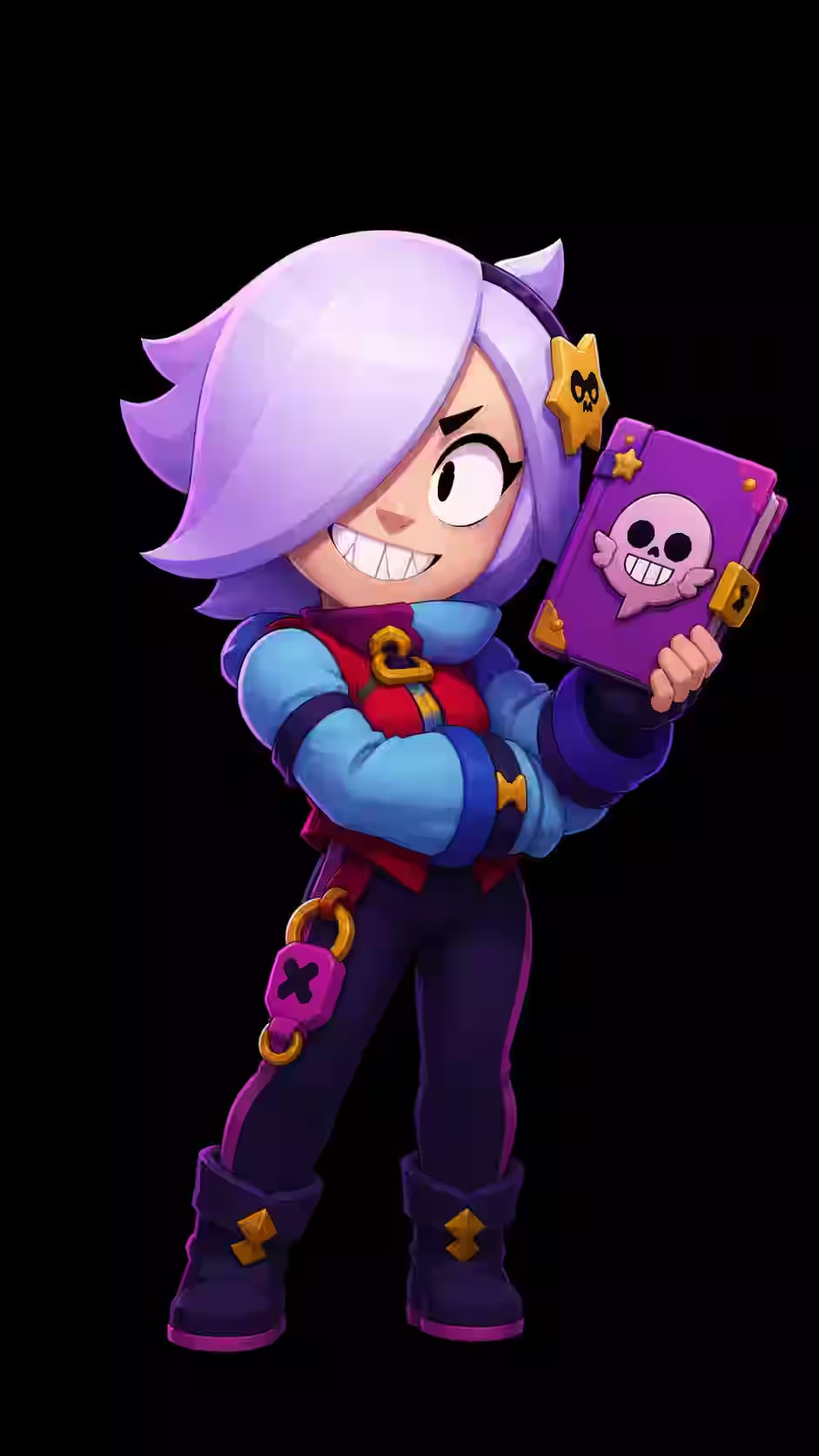 Colette inspired Brawl Stars fan holding her famous scrapbook with a playful smile on a pure black background.
