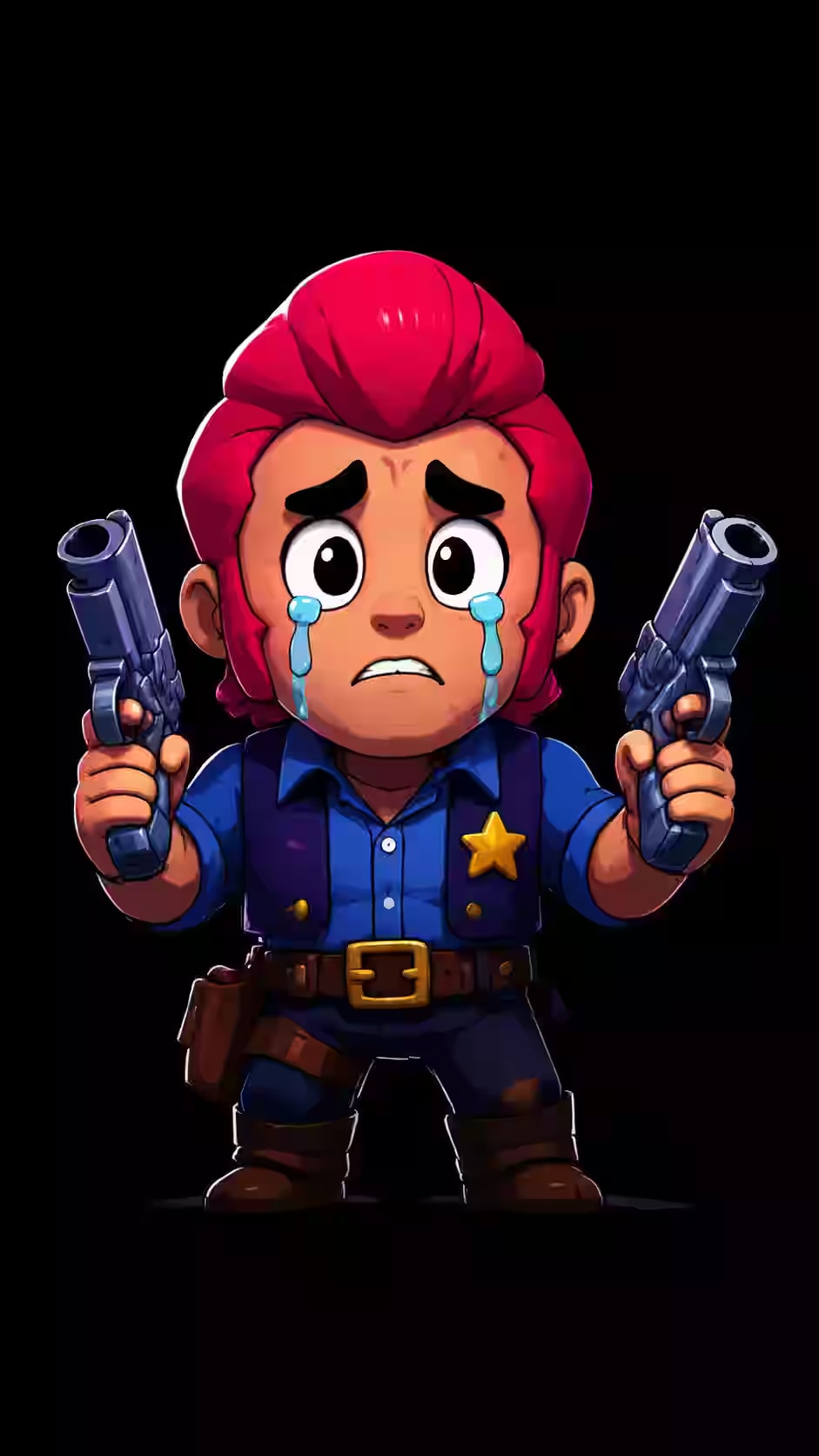 Sad Colt holding two revolvers with tears running down his face on a black background for a dark gaming phone wallpaper.