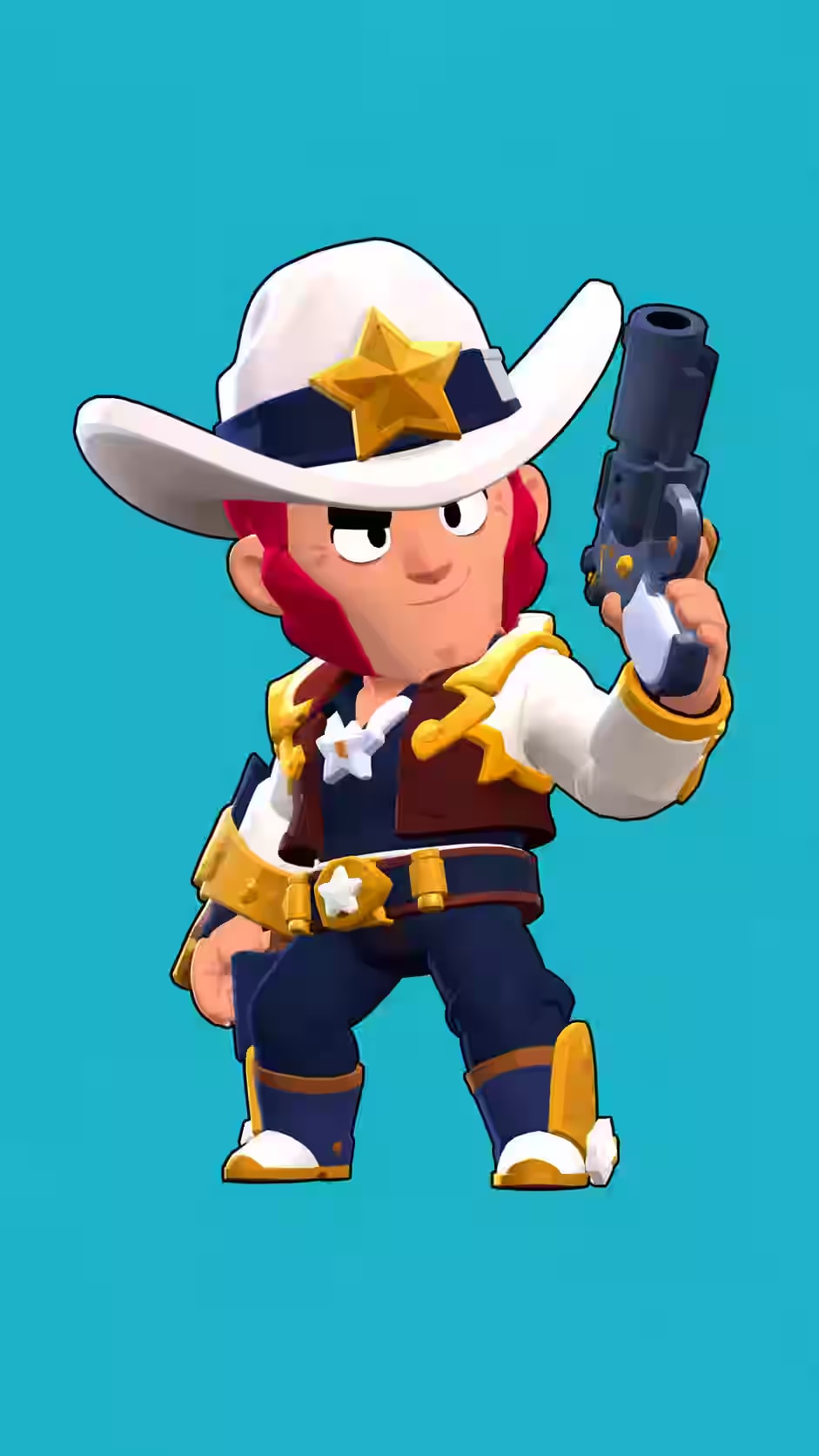Colt Brawl Stars wallpaper featuring the Sheriff Colt skin with a white cowboy hat, gold star badge, silver revolver, and teal background.
