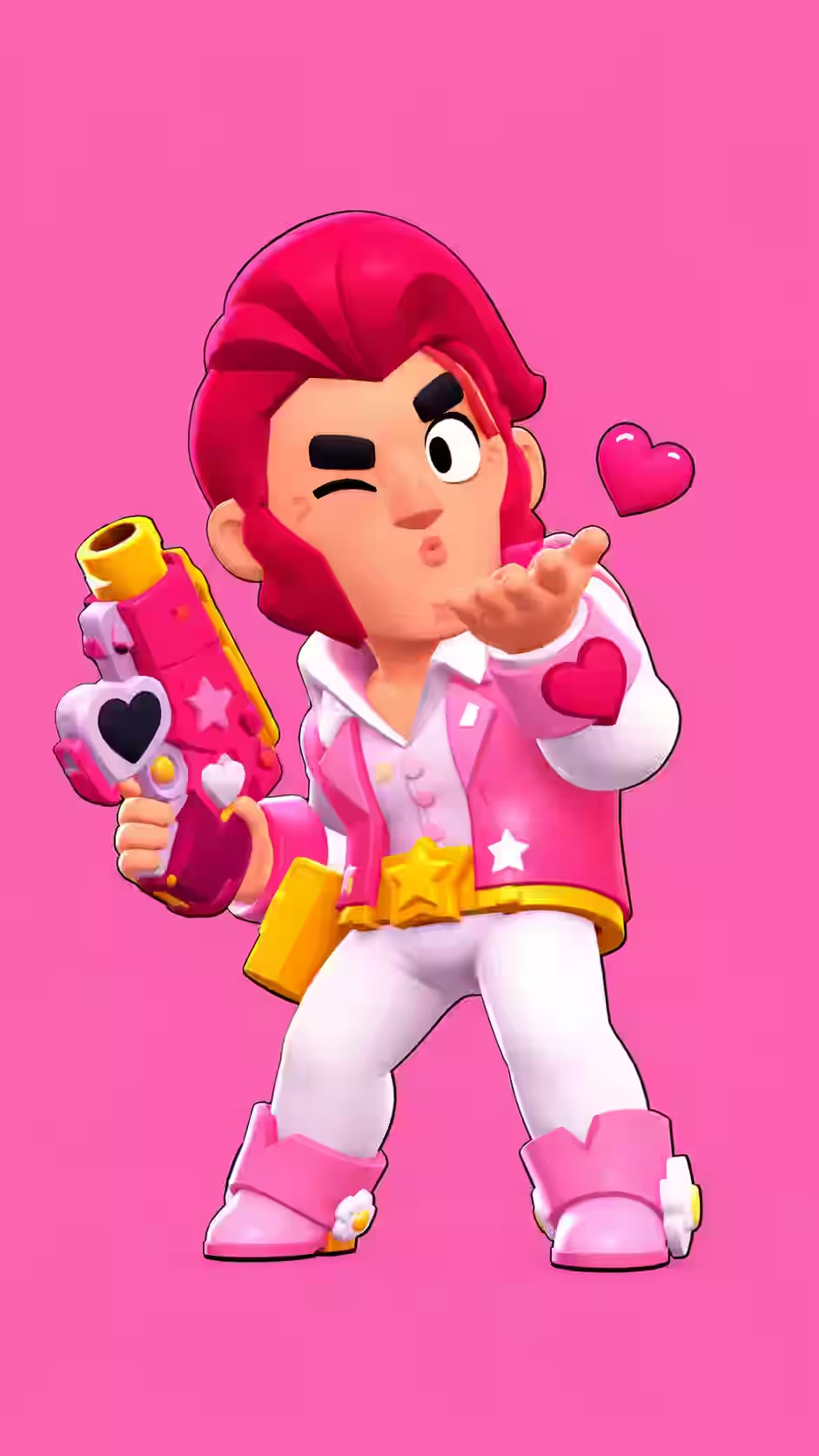 Colt Brawl Stars wallpaper featuring the Cupid Colt skin with a pink suit, heart-shaped blaster, blowing a kiss, and pink background.