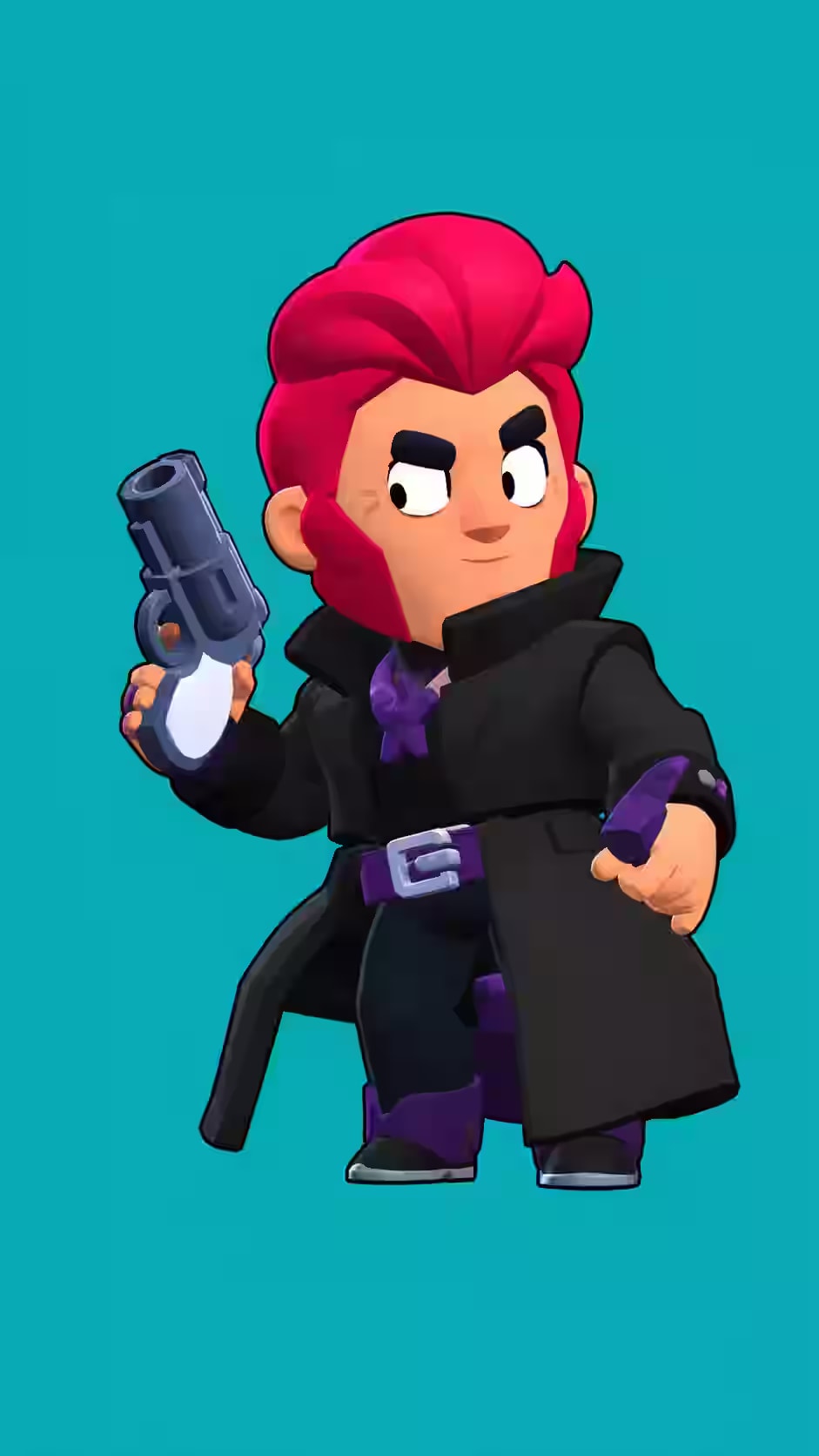 Colt Brawl Stars wallpaper featuring the default skin with red hair, black trench coat, purple belt and boots, silver revolver, and teal background.