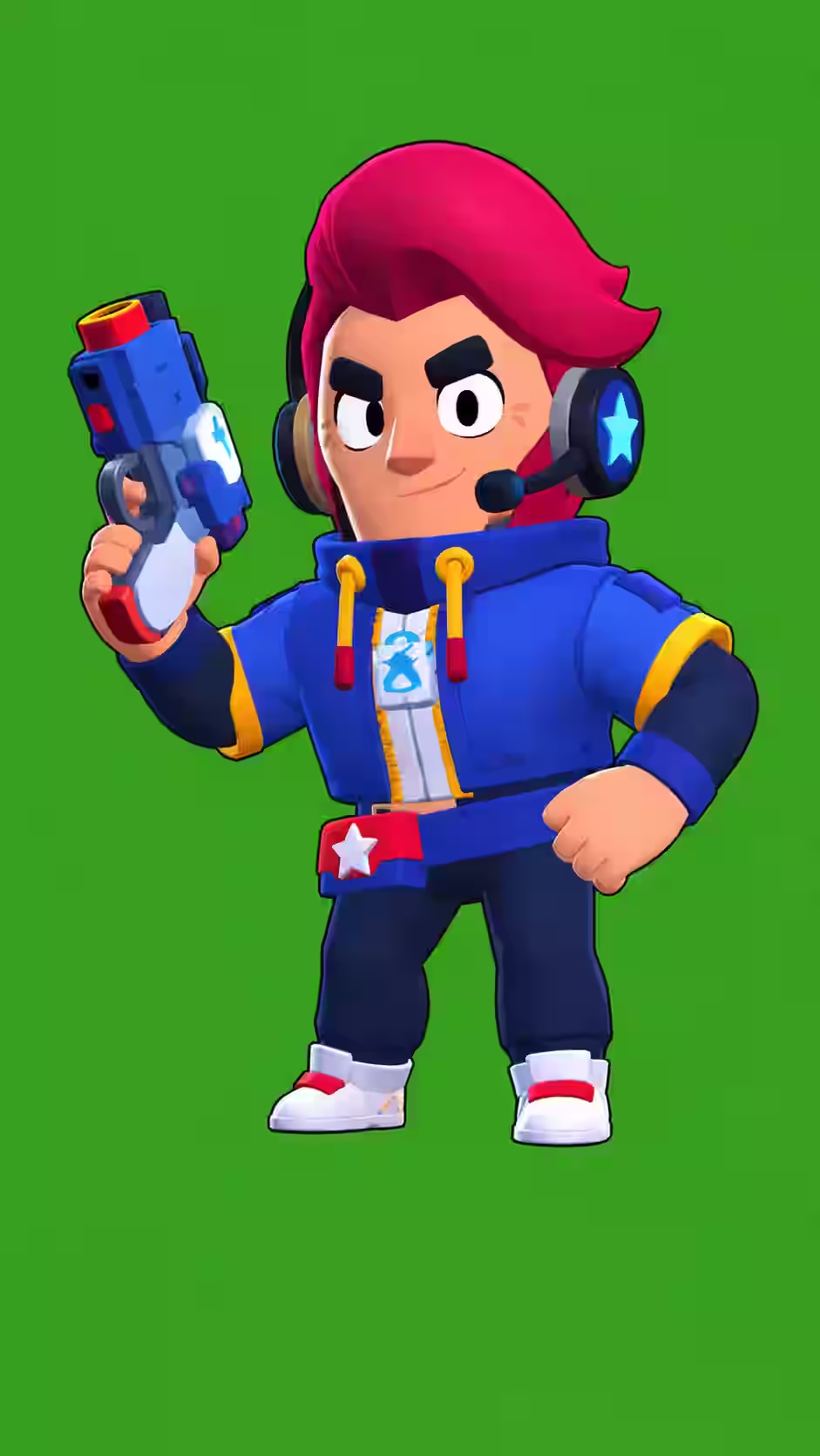 Colt Brawl Stars wallpaper featuring the Challenger Colt skin with a blue hoodie, gaming headset, star blaster, and green background.