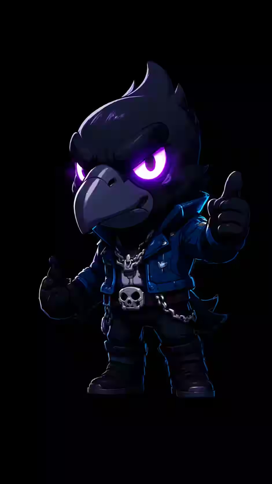 Crow wearing a blue leather jacket with glowing purple eyes on a black background for a dark gaming phone wallpaper.