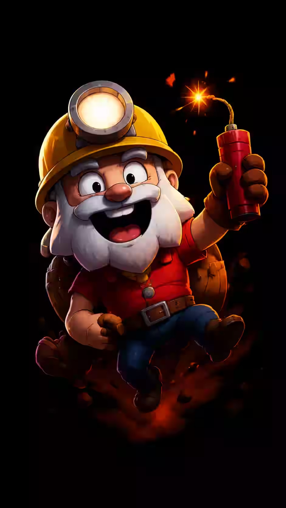 Dynamike holding a lit stick of dynamite while wearing a yellow miner helmet on a black background for gaming phone wallpaper
