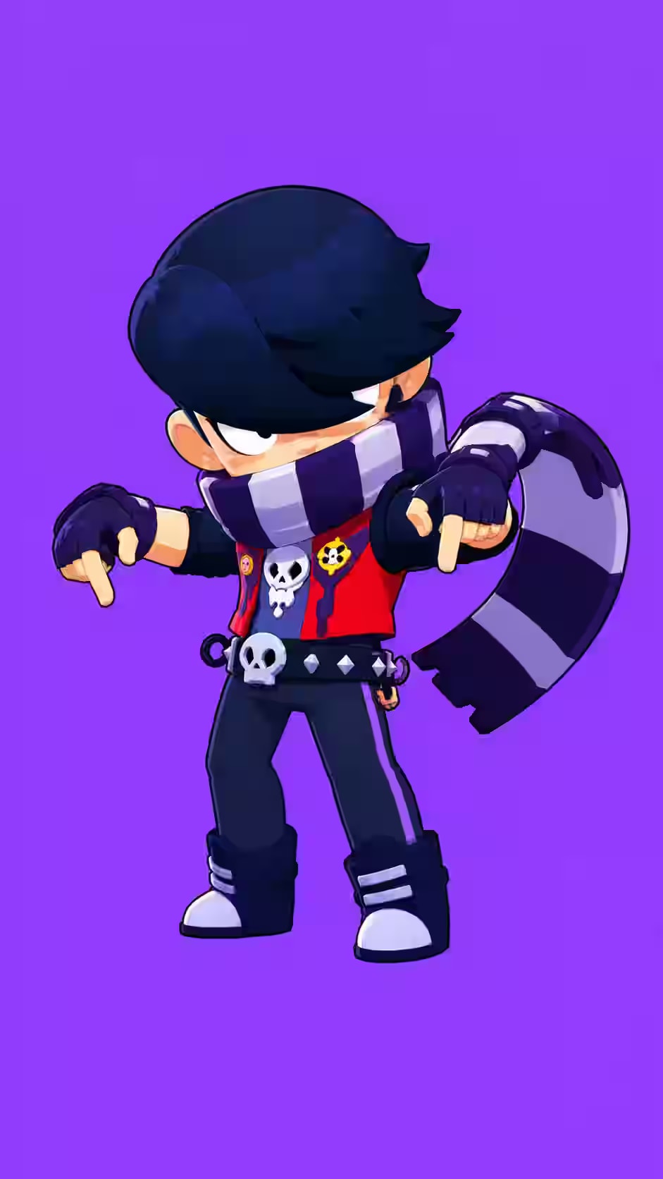 Edgar Brawl Stars wallpaper showing the assassin pointing downward with a skull vest, black gloves, striped scarf, and vivid purple background.