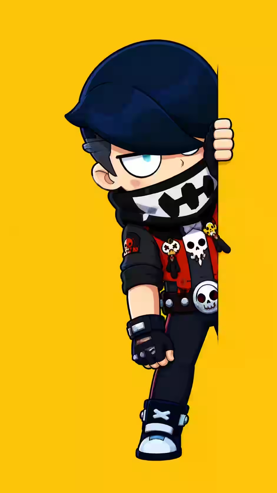 Edgar Brawl Stars wallpaper showing the assassin peeking from behind a wall with a skull bandana, red vest, and yellow background.