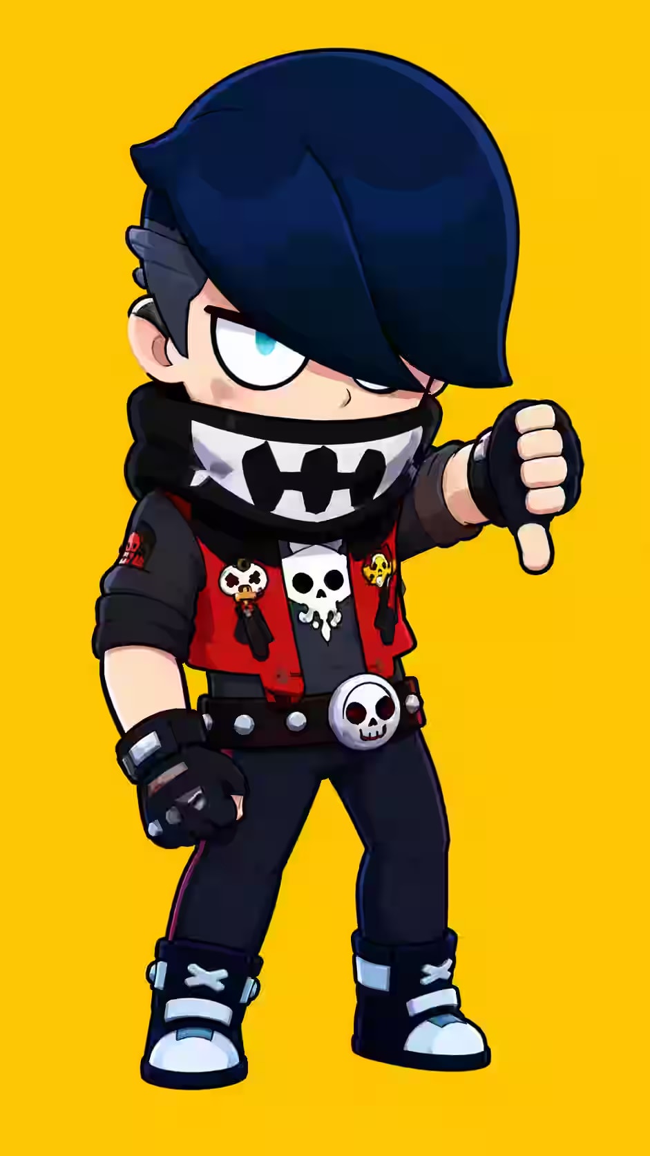 Edgar Brawl Stars wallpaper showing the default skin with black hair, skull bandana, red vest, skull belt buckle, and yellow background.