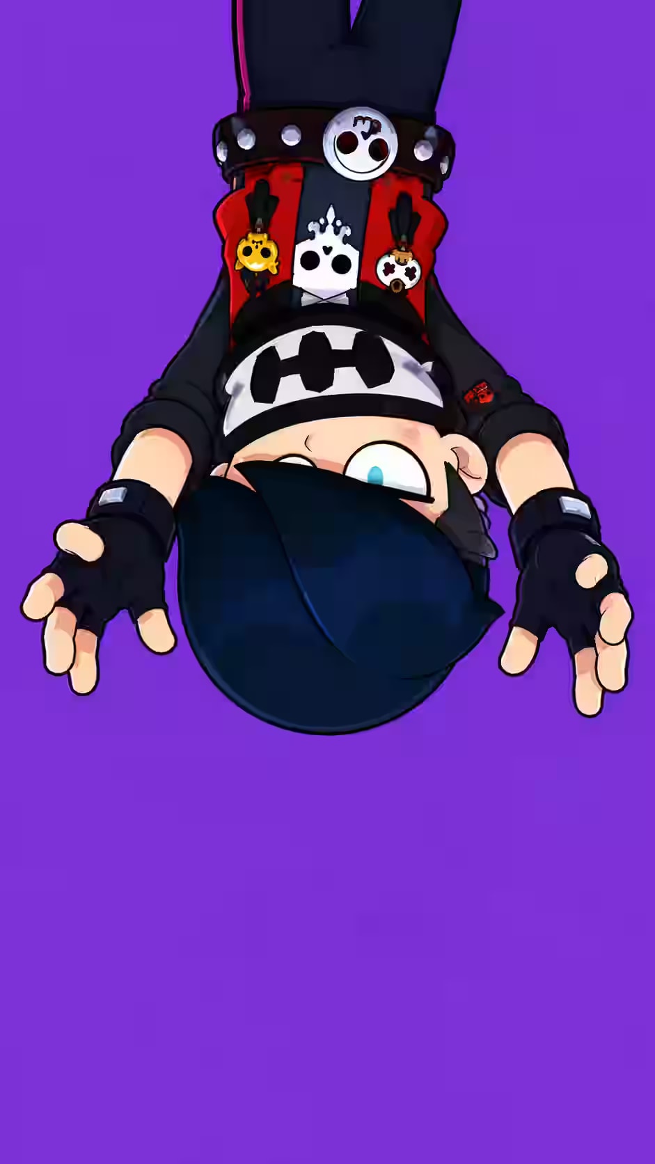 Edgar Brawl Stars wallpaper showing the assassin upside down during his Super jump with skull bandana, red vest, skull belt, and purple background.
