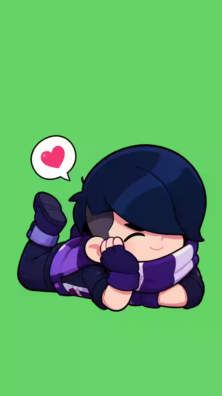 Edgar Brawl Stars chibi wallpaper showing the assassin lying down with a purple striped outfit, heart speech bubble, and green background.