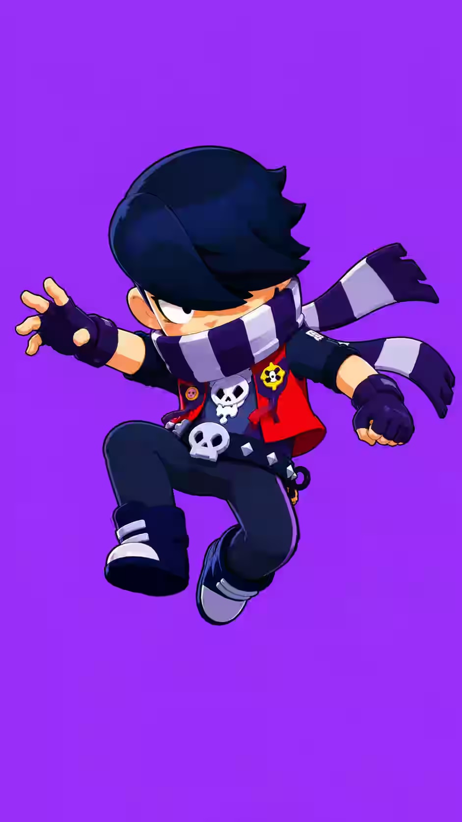 Edgar Brawl Stars wallpaper showing the assassin leaping upward with a red skull vest, striped scarf, skull belt, and deep purple background.