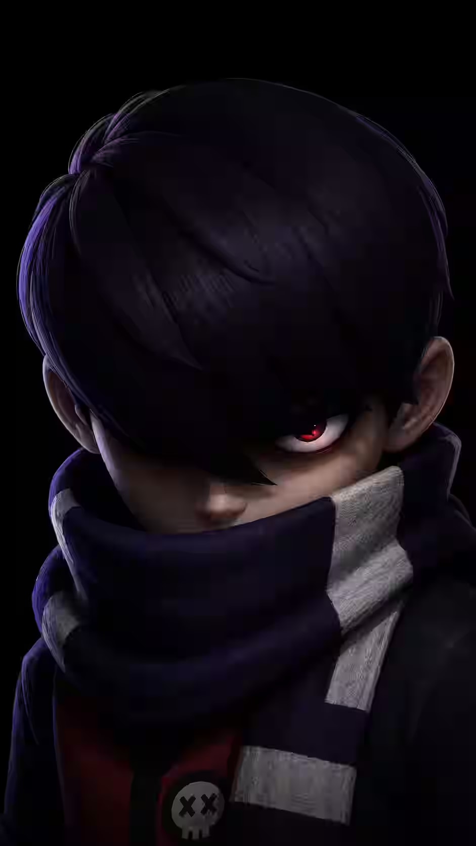 Edgar inspired close-up portrait with glowing red eye, black hair covering his face, and a striped scarf on a pure black AMOLED background.
