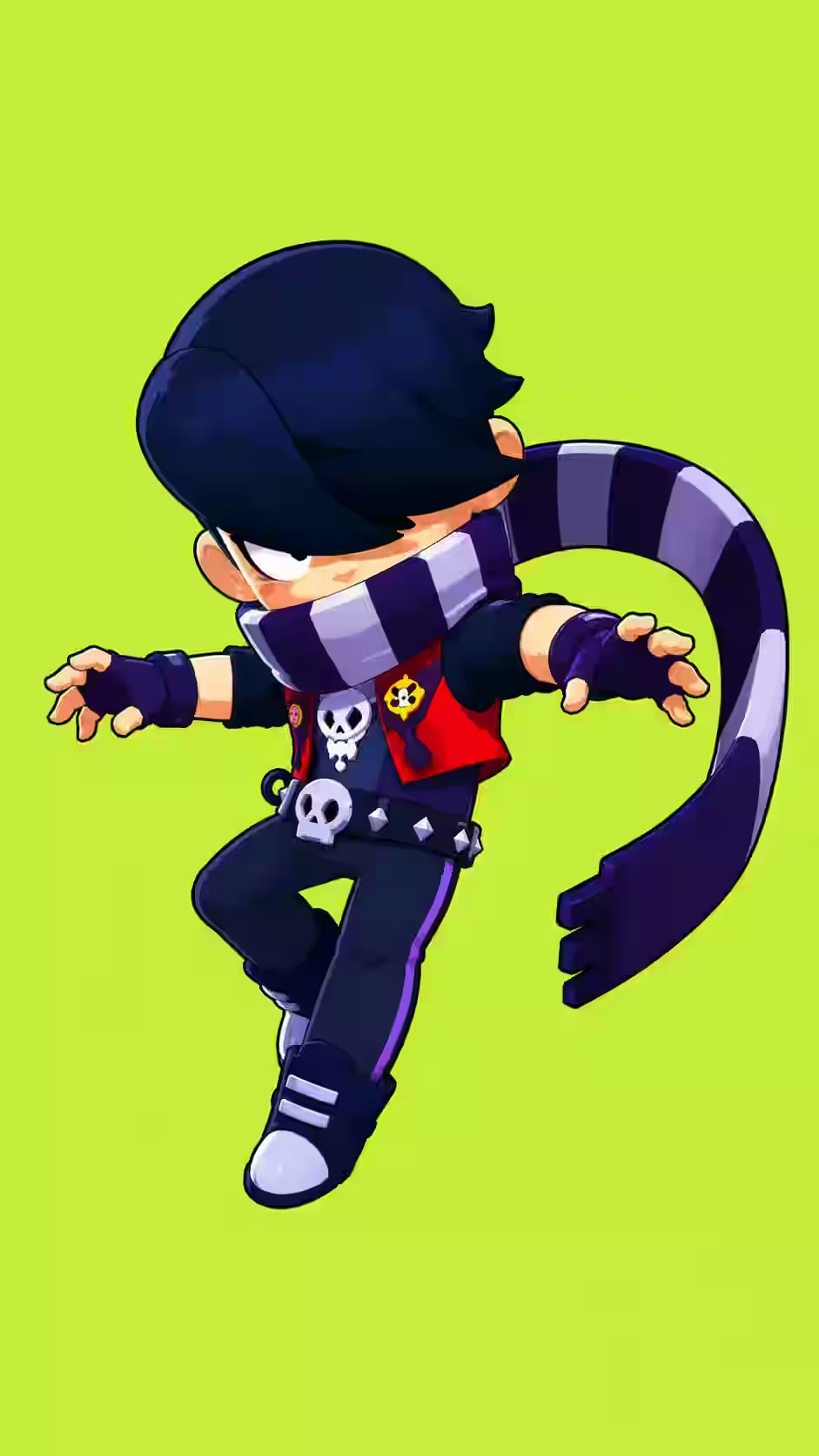 Edgar Brawl Stars wallpaper featuring the assassin mid-jump with a black and white striped scarf, red skull vest, purple striped pants, and bright green background.