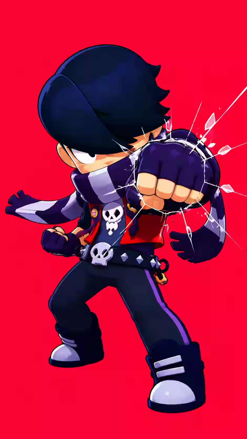 Edgar Brawl Stars wallpaper showing the assassin throwing a punch with shattering glass effects, red skull vest, purple pants, and solid red background.
