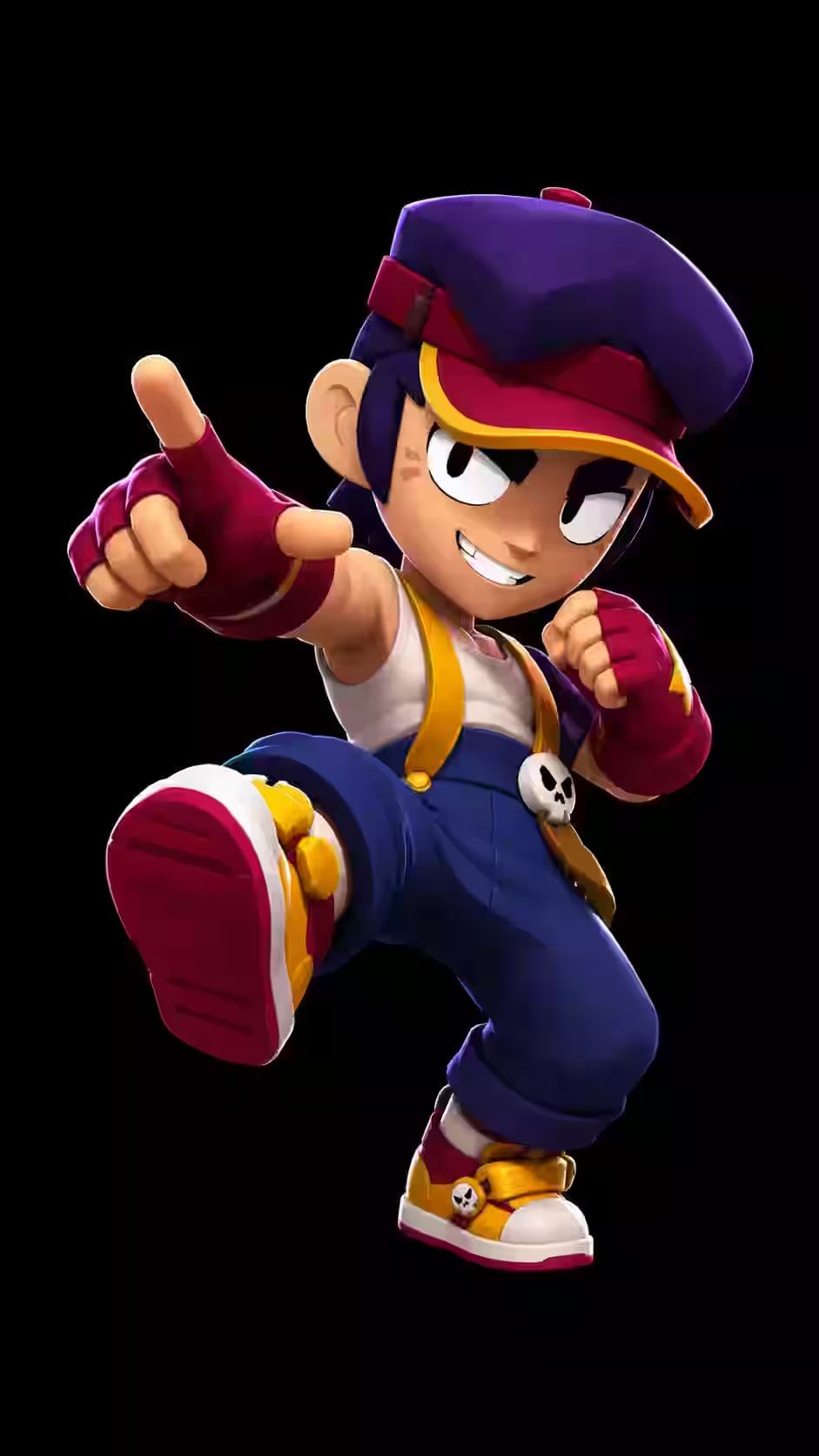 Fang from Brawl Stars performing a flying kick with a confident grin, purple cap, red gloves, and colorful outfit on a black background.