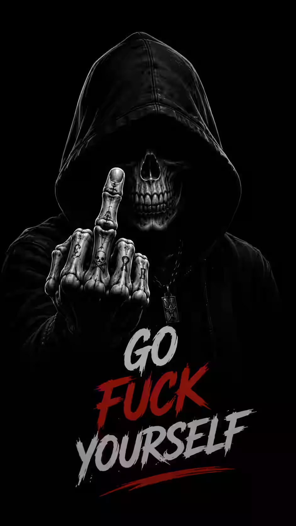 Skeleton wearing a black hoodie showing the middle finger with Go Fuck Yourself text on a black background.