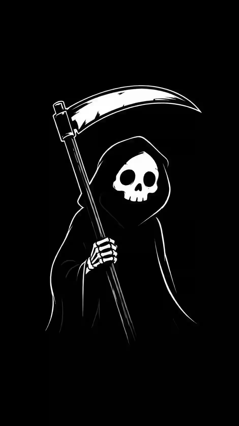 Grim reaper with skull face holding scythe in black and white dark aesthetic illustration
