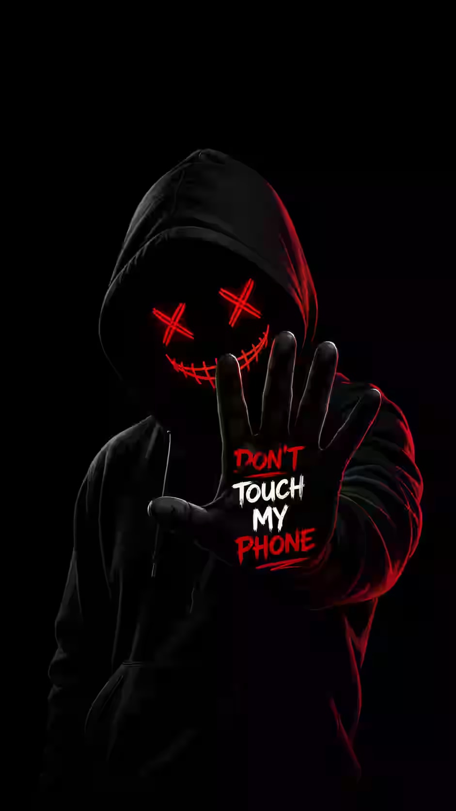 Hooded figure with red glowing mask holding up a warning hand that says keep away on a black background.