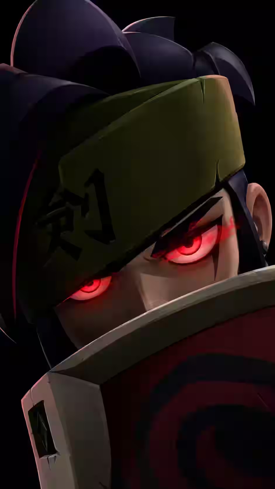 Kenji Brawl Stars profile picture with glowing red eyes, dark anime lighting, green headband, and intense sword fighter close-up.