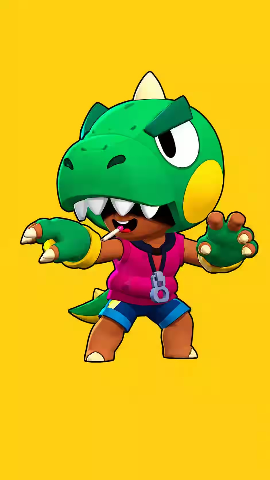 Leon Brawl Stars wallpaper featuring the Sally Leon skin in a green dinosaur costume with a pink lollipop, pink shirt, blue shorts, and bright yellow background.