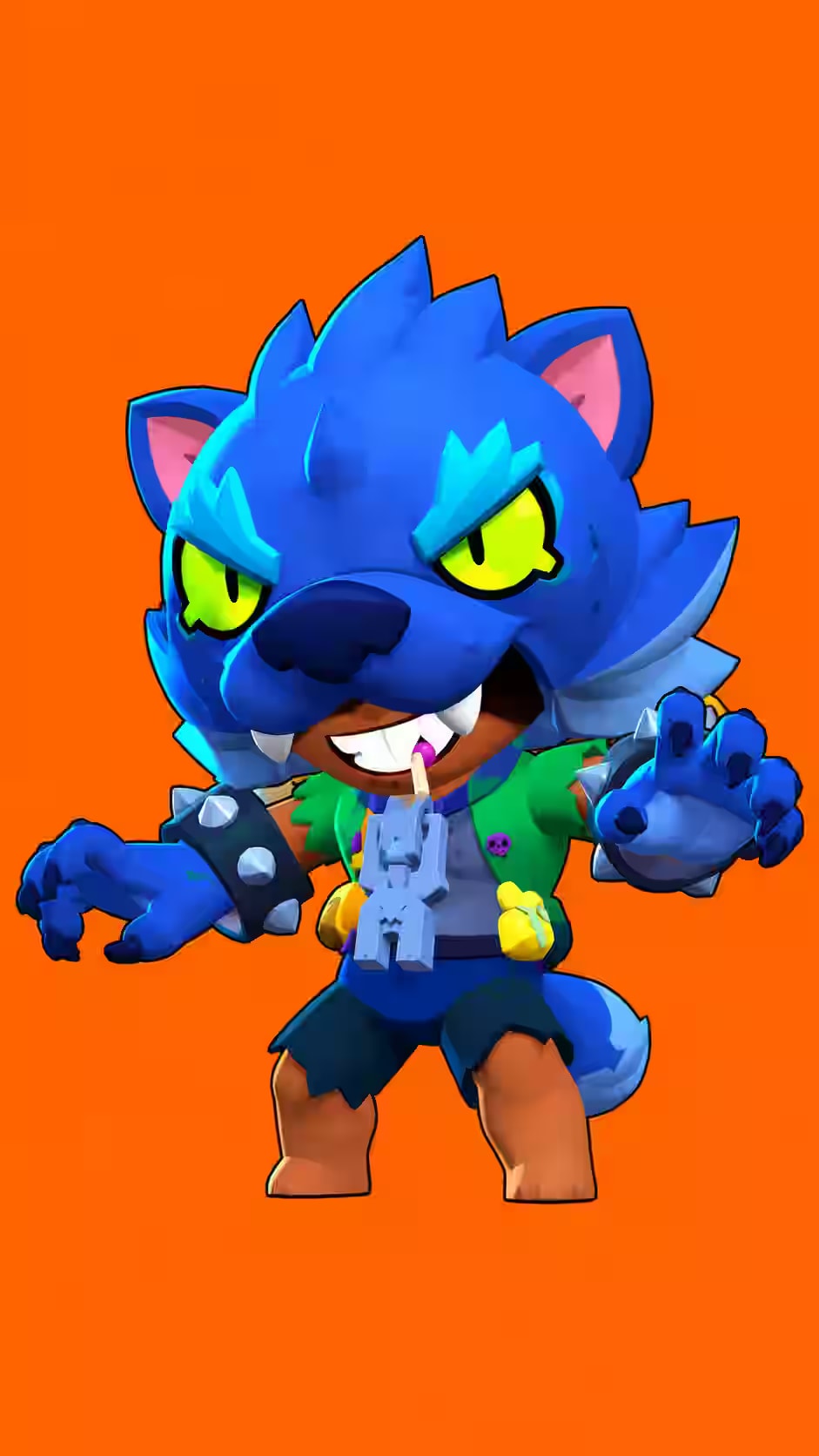 Leon Brawl Stars wallpaper featuring the Werewolf Leon skin with a blue wolf mask, green shirt, spiked bracers, and orange background.