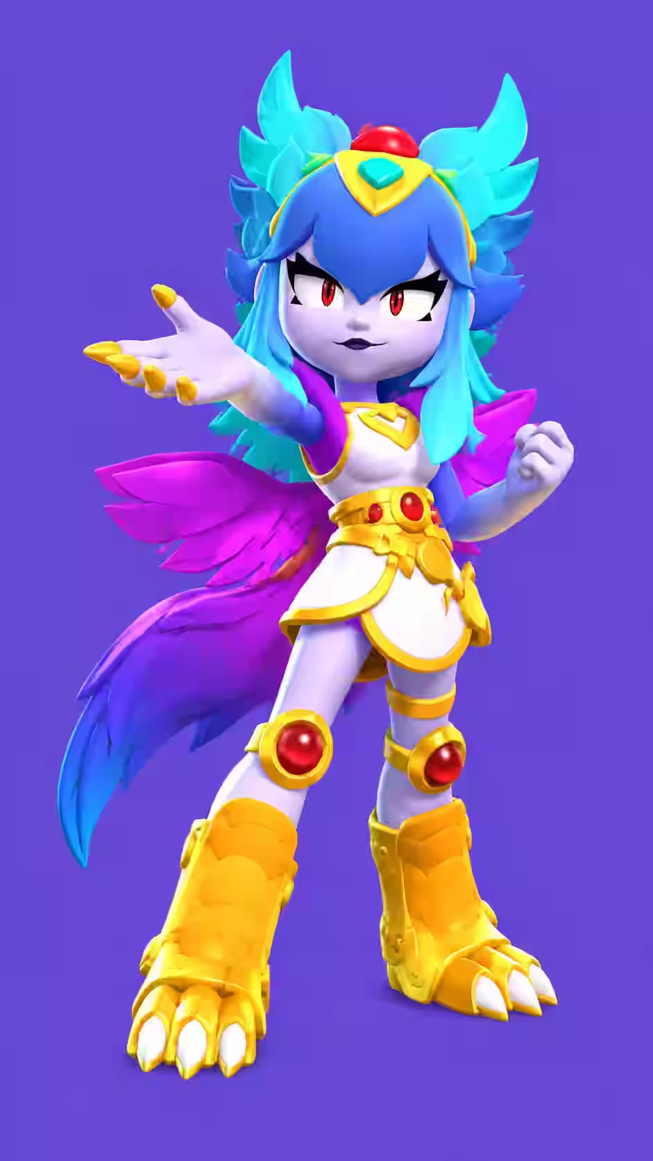 Melodie Brawl Stars wallpaper featuring the Epic idol brawler with blue hair, purple feathered wings, gold armor with red gems, and claw boots against a solid purple background.