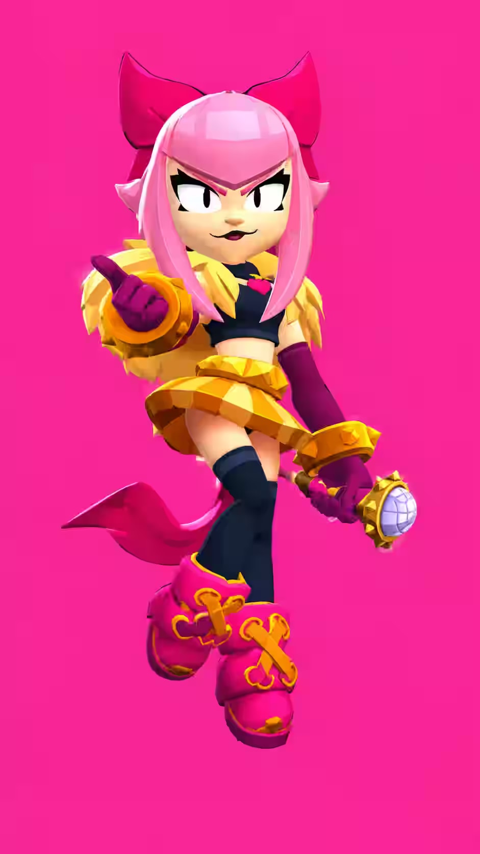 Pink Melodie Brawl Stars wallpaper featuring the Epic idol brawler with a large pink bow, gold outfit, and microphone against a solid hot pink background.