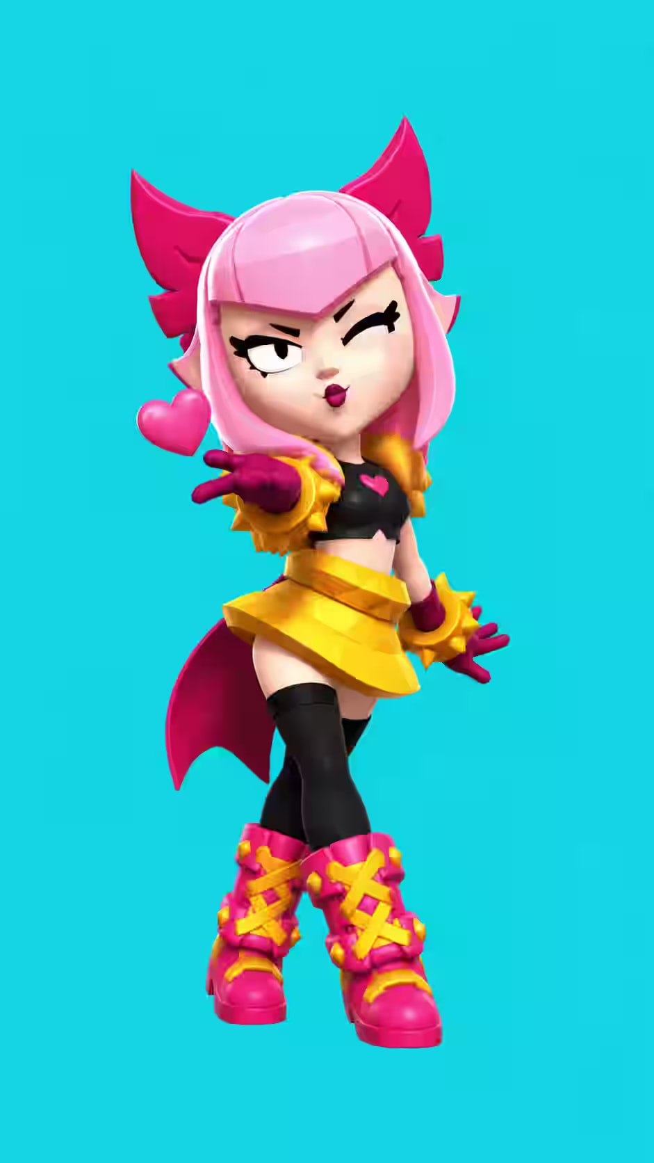 Pink-haired Melodie Brawl Stars wallpaper featuring the Epic idol brawler winking, blowing a heart, wearing a gold skirt and pink boots against a solid cyan background.