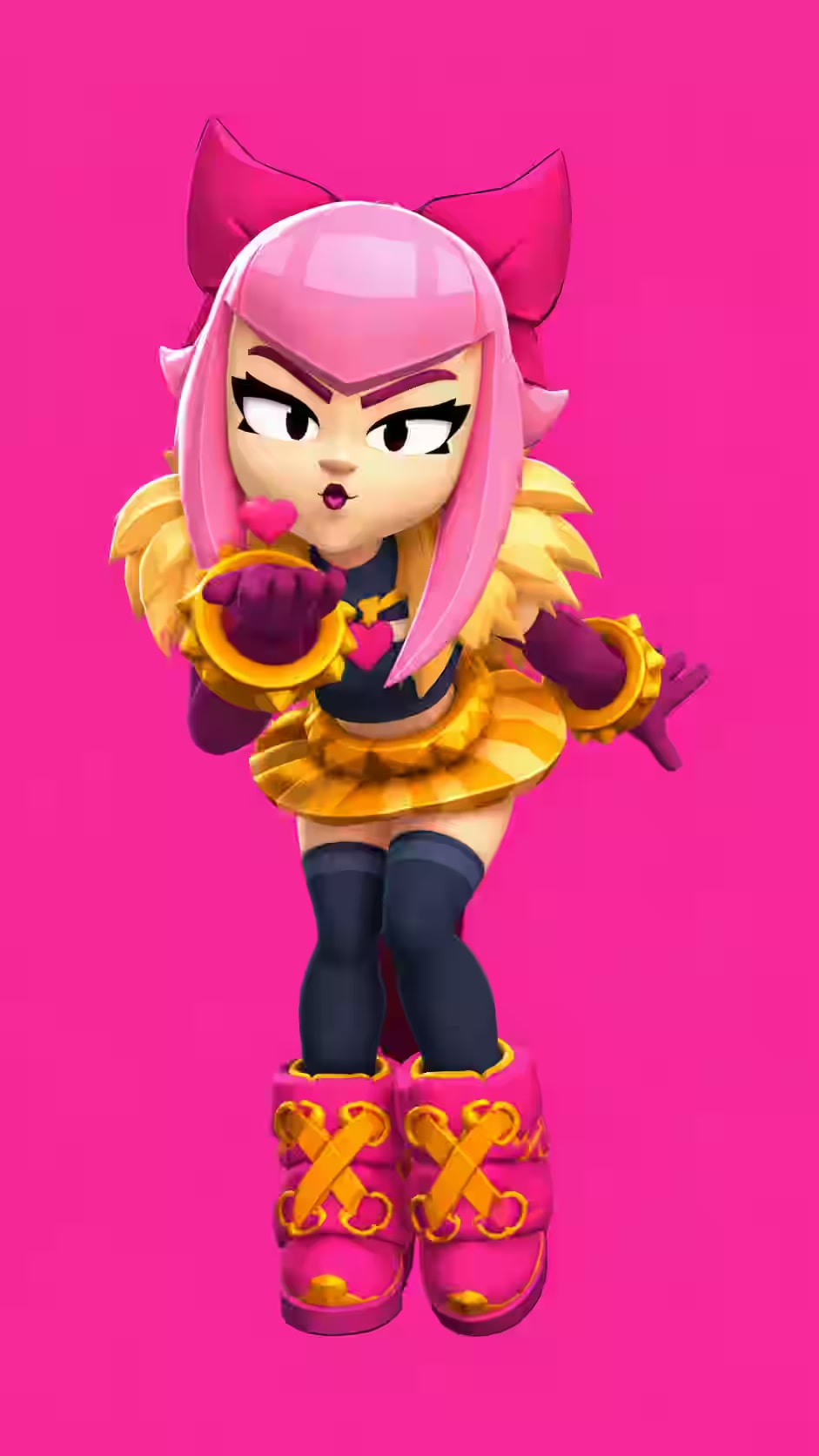 Pink-haired Melodie Brawl Stars wallpaper featuring the Epic idol brawler blowing a heart, leaning forward with a pink bow, gold skirt, and pink boots against a solid hot pink background.