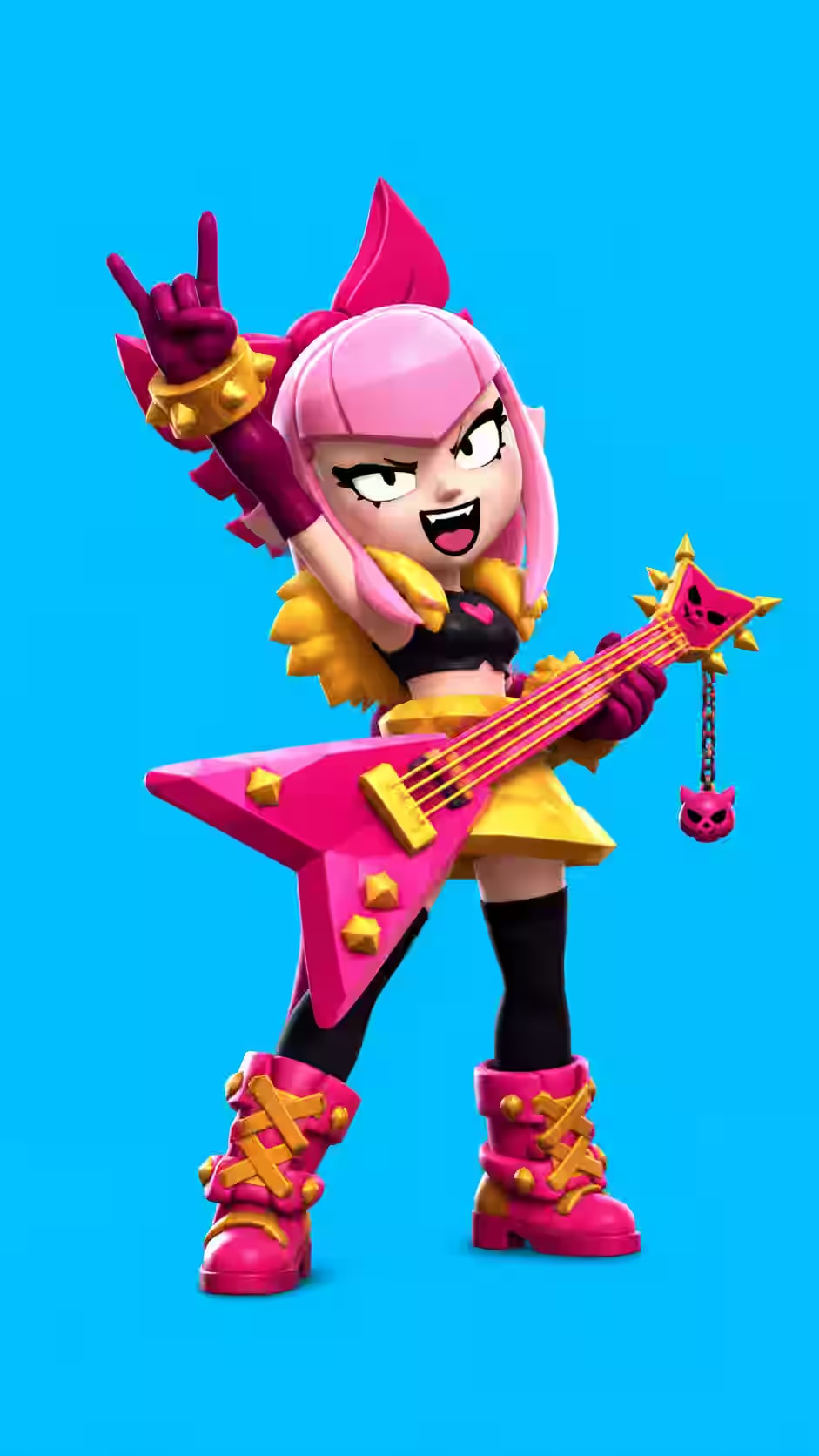 Pink-haired Melodie Brawl Stars wallpaper featuring the Epic idol brawler with an electric guitar, devil horns hand sign, gold spiked accessories, and pink boots against a solid blue background.