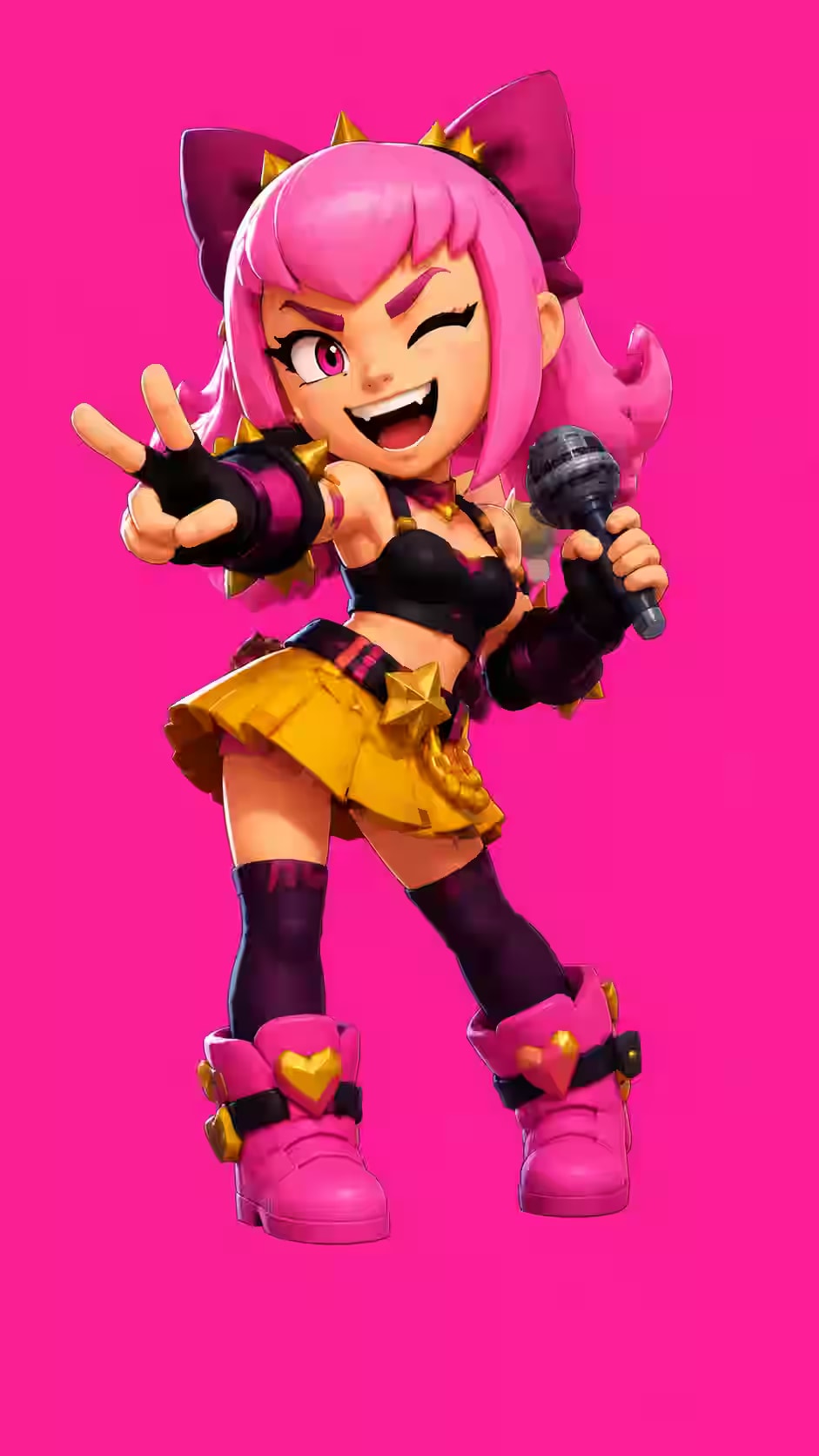 Vibrant pink Melodie Brawl Stars wallpaper featuring the Epic idol brawler winking with a microphone against a hot pink background.