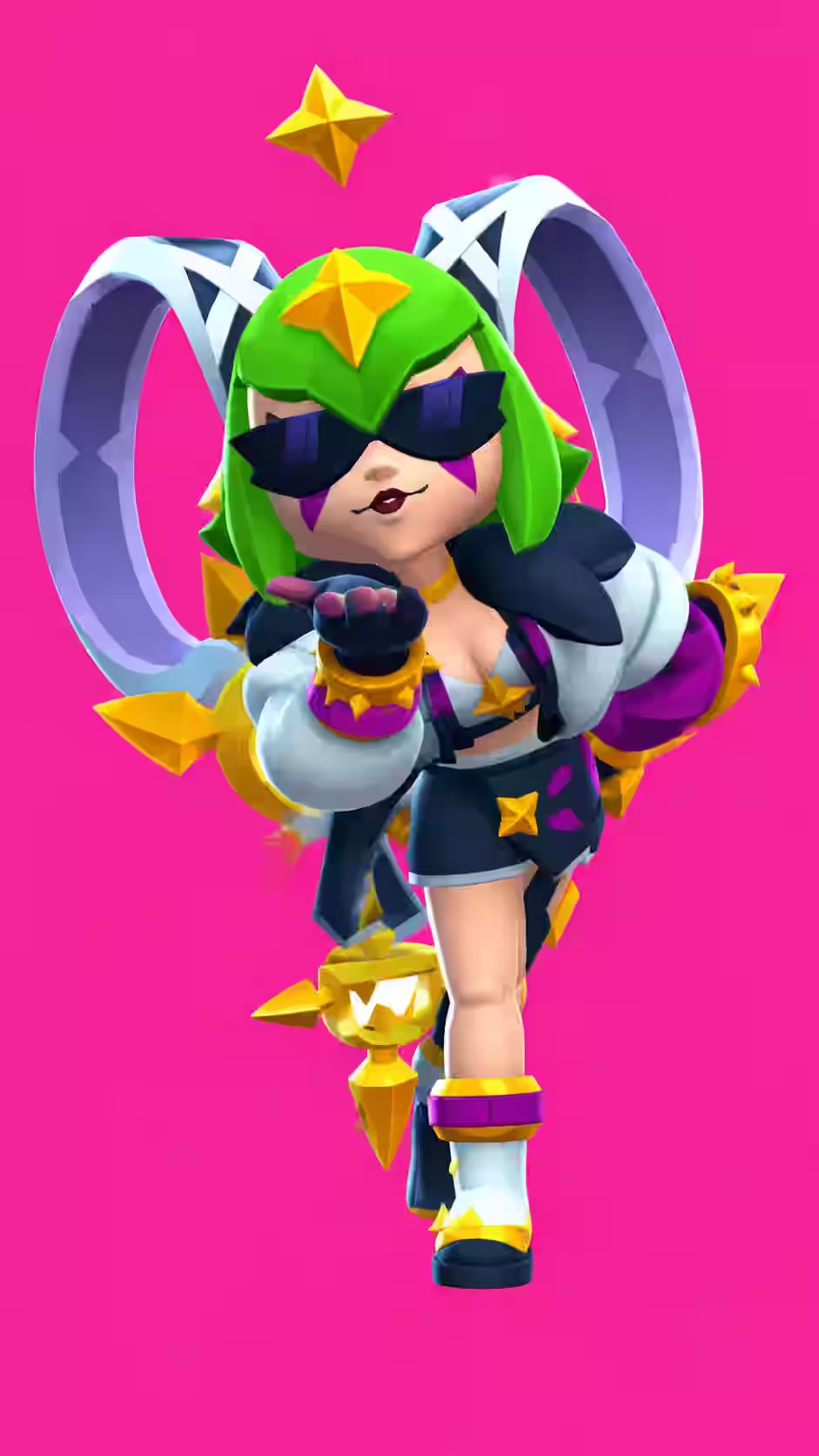 Melodie Brawl Stars wallpaper featuring the Epic idol brawler with green hair, black sunglasses, gold star accessories, and white hoop rings against a hot pink background.